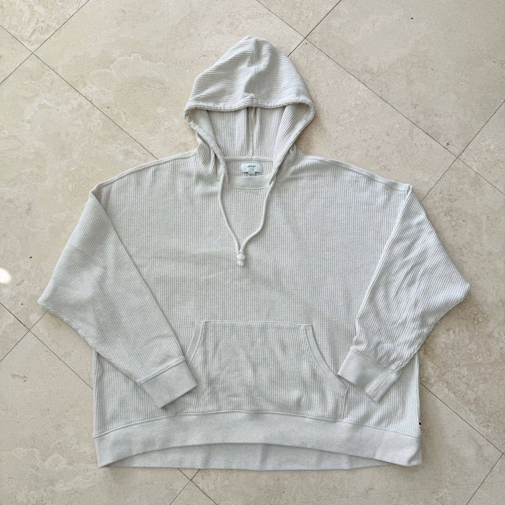 Aerie Cream Waffle Knit Hoodie Thermal Pullover Kangaroo Pocket Women’s XL